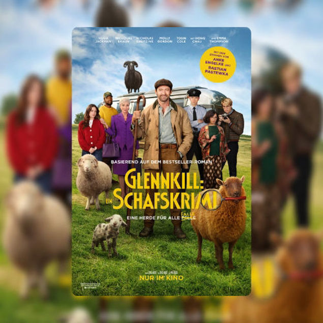Filmplakat zu ‚Glennkill: Ein Schafskrimi‘ mit einer Gruppe von Personen und mehreren Schafen auf einer Wiese, im Vordergrund der Schäfer mit Hirtenstab