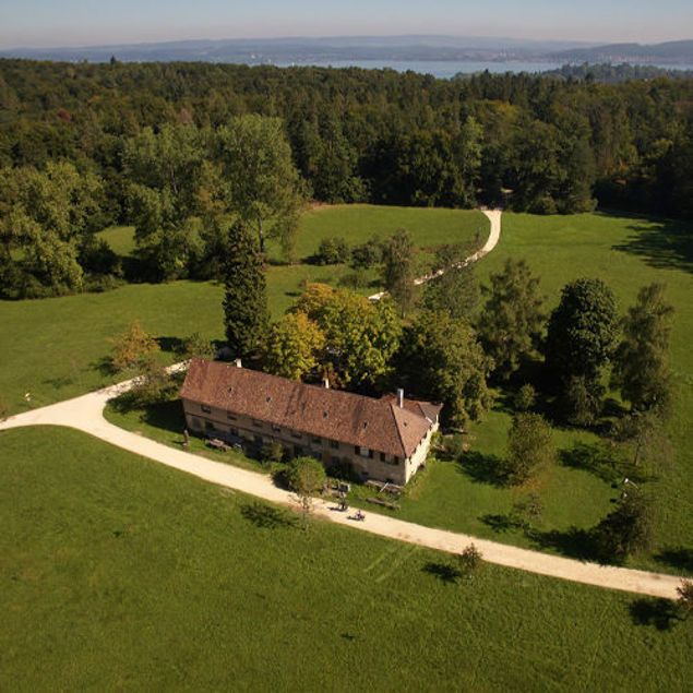 Luftaufnahme eines Hauses inmitten grüner Wiesen und Bäume, mit geschwungenem Weg und Wald, im Hintergrund ein See